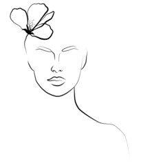 A continuous line of a portrait of a girl. The girl with the flower.