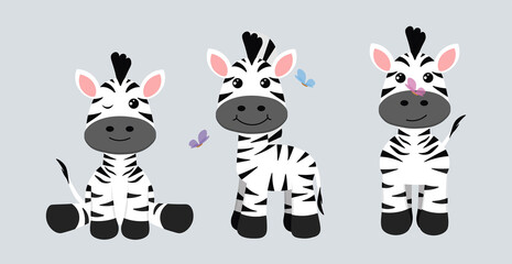 Vector illustration cute and beautiful zebras on white background. Charming characters in different poses with front view, side and sitting, playing with butterflies in cartoon style. © MVshop