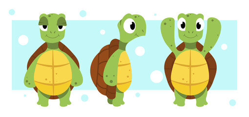 Obraz na płótnie Canvas Vector illustration of cute and beautiful turtles on blue background. Charming character in different poses with front view, side and stands on its hind legs and waves its flippers in cartoon style.