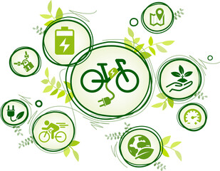 e-bike / pedelec vector illustration. Green concept with no people & icons related to ebike / electric bicycle riding, ecological / new mobility & transportation, urban biking.