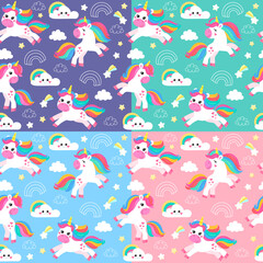set of colorful seamless patterns with unicorns in cartoon style for kids. vector illustration