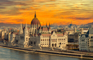 Fototapeta na wymiar Sunrise view of the Parliament Palace Hungary Budapest 