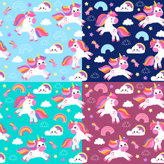 set of colorful seamless patterns with unicorns in cartoon style for kids. vector illustration