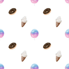 Cute seamless hand drawn watercolor sweet snack ice cream cone cotton candy doughnut pattern background