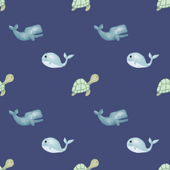 Cute seamless hand drawn watercolor whale and turtle elephant pattern background