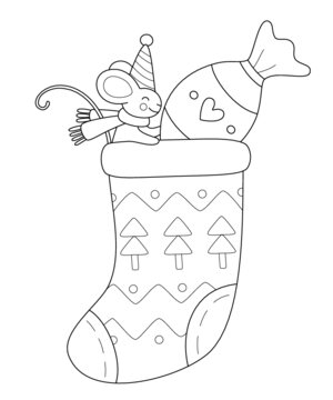 Christmas Sock With Mouse And Sweet Candy. Vector Illustration.