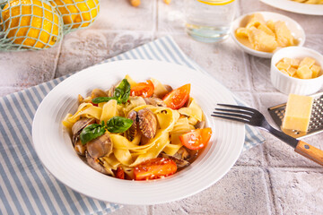 Traditional italian seafood pasta with clams vongole
