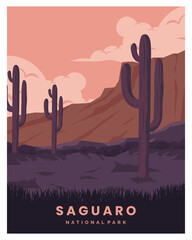 Illustration of Saguaro National Park in Arizona landscape background.