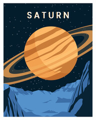Outer space background scenes with saturn planet, stars. Vector illustration of galaxy. poster, card in sci-fi style. © Butter Bites