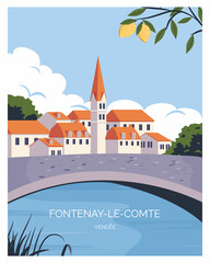 Fontenay le comte, vendee france background landscape vector illustration with flat style design. - obrazy, fototapety, plakaty