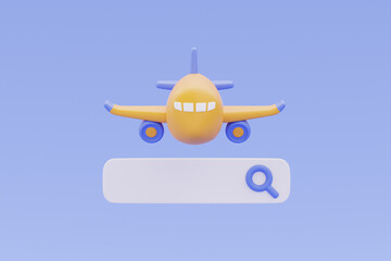 Tourism and travel,Booking airline tickets online with yellow airplane and search bar,holiday vacation,3d rendering
