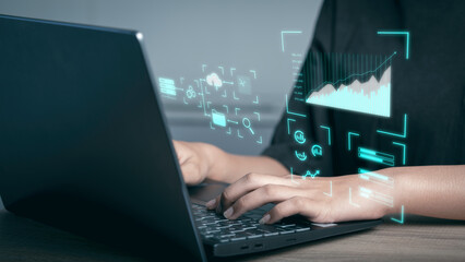 Analyst working with Business Analytics and Data Management System concept. Make report with with KPI financial charts and graph and automated marketing dashboard.