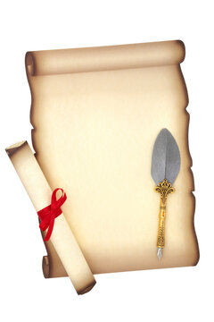 Old fashioned parchment paper scroll with quill pen and rolled scroll tied with red ribbon. Manuscript, diploma, certificate or letter composition. Flat lay, copy space on white background.