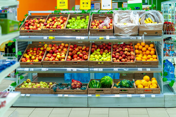 Cherepovets, Russia, May 02, 2022, Fresh fruits on the shelf in the supermarket.