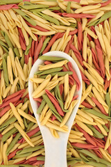 Fusilli pulgiesi tricolor pasta health food in a porcelain spoon and forming an abstract background. Specialty healthy Italian cuisine. Flat lay top view.