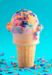 A Scoop of Unicorn Colored Ice Cream in a Cone