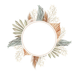 Watercolor boho wedding card with hand painted tropical  orchid flowers of dried palm leaves, branches of pampas and flowers.