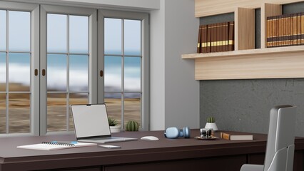 laptop blank screen on a table at home. 3d rendering
