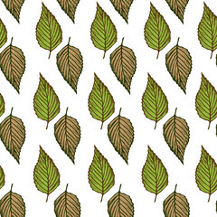 Seamless pattern engraved tree leaves. Vintage background botanical with foliage in hand drawn style.