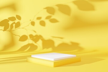 Podium and leaf shadow on yellow abstract background.