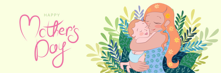 Happy mother's day. Banner with a girl with a baby in her arms. Hand drawn text, letter art for banner, invitation.