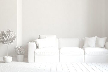 White minimalist living room with sofa. Scandinavian interior design. 3D illustration