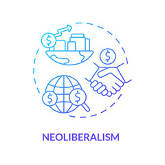 Neoliberalism blue gradient concept icon. Free international market and trading relationship abstract idea thin line illustration. Isolated outline drawing. Myriad Pro-Bold font used