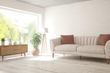 White living room with sofa and summer landscape in window. Scandinavian interior design. 3D illustration