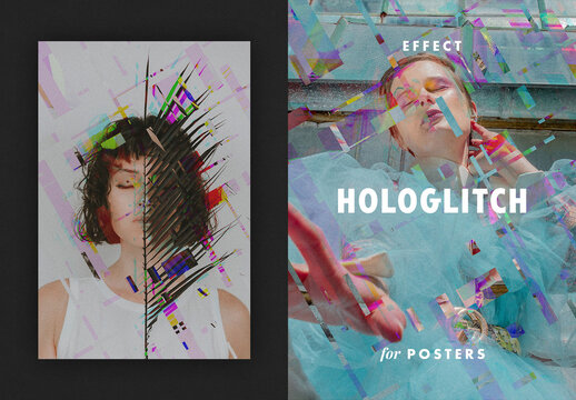 Holographic Poster Glitch Photo Effect Mockup