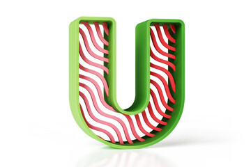 Letter U uppercase made of green outline and wavy striped red interior. Hi-res fruity lettering 3D design suitable for headers, posters, advertisements or web projects. High quality 3D rendering.