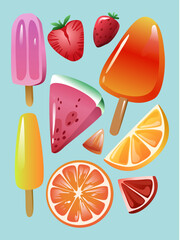Vector set of Colorful Ice Cream. Delicious dessert: lemon, orange, watermelon and strawberry. Summer Vibes. Use for poster, print, design, stickers