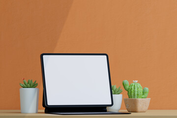 Computer, laptop, tablet, display. on white background workspace mock-up design, minimalistic style home office desk. Blog concept - 3d render illustrator