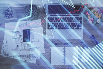 Multi exposure of financial chart drawing over table background with computer. Concept of research. Top view.