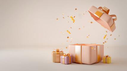 Blank pastel pink gift box with gold ribbon.3d rendering