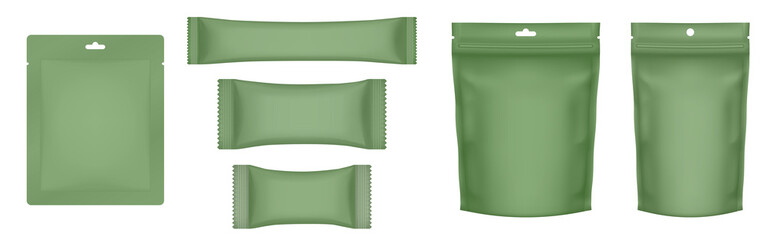 Set of realistic doy pack mockups. Dark green flow pack, sachet, zip bag and doypack. Ice cream wrapper. Sheet mask sachet. Coffee, sause or candy packaging. Khaki