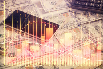 Double exposure of forex graph drawing over us dollars bill background. Concept of financial markets.