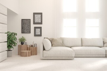 White living room with sofa. Scandinavian interior design. 3D illustration