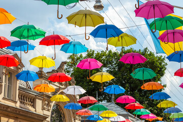 Fototapeta na wymiar Lviv city colorful umbrellas on the street. Ukraine.