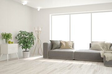 Soft color living room with sofa. Scandinavian interior design. 3D illustration