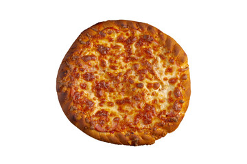 Freshly baked pizza with several types of sausage, ham, mushrooms, with a large portion of cheese isolated on a white background.