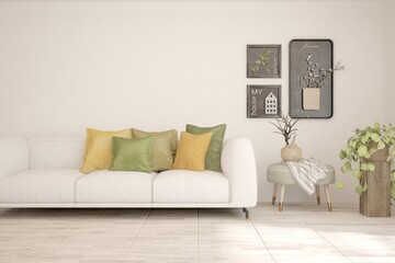 White living room with sofa. Scandinavian interior design. 3D illustration