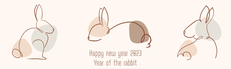 Chinese New Year 2023, year of the rabbit, red and gold line art characters, simple hand drawn Asian elements with craft (Chinese translation: Happy Chinese New Year 2023, year of the rabbit).