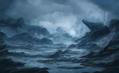 Fantastic Winter Epic Magical Landscape of Mountains. Celtic Medieval forest. Frozen nature. Glacier in the mountains. Mystic Night Valley. Artwork sketch. Gaming background. Book Cover and Poster.