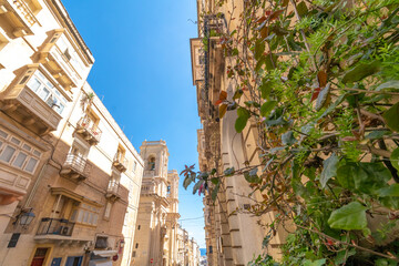 Old sandstone buildings in narrow path with a clear sky above and green bushes on sight in Malta Capital Valletta.