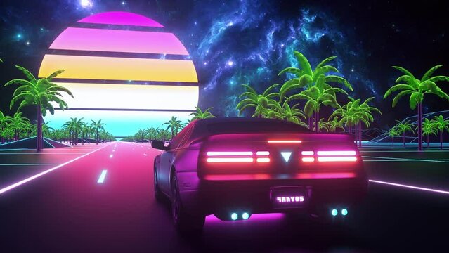 Synthwave Car in a Palms Landscape - Loop Retrowave Background