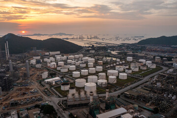 Oil and gas industry - refinery, from drone camera ,Oil refinery and Petrochemical plant at twilight,