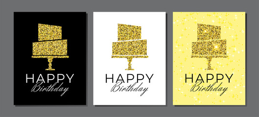 Happy Birthday Greeting Card Illustration Set with Gold Sparkle Cake on Black, White and Yellow Background