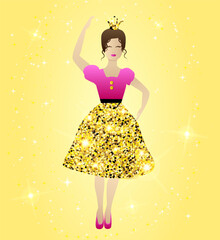 Gold Sparkle Princess Illustration Design in Pink Dress with Magical Stars  Background