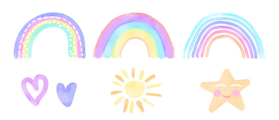 Children's Watercolor Rainbow, Sun, Star and Heart Pastel Hand Drawn Vector Illustration