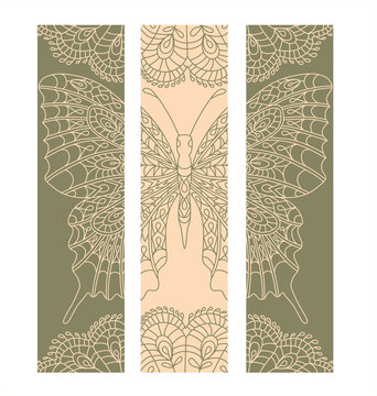 Set of bookmarks with caly tropical butterfly in pastel colors.
